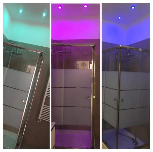 - quatre vues différentes sur une douche avec des lumières violettes dans l'établissement Casa vacanze G&G, à Brindisi