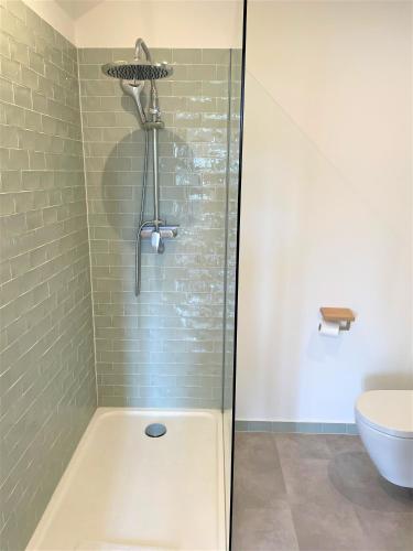 a shower with a glass door in a bathroom at Carnets de voyage Coté studios in Lorgues