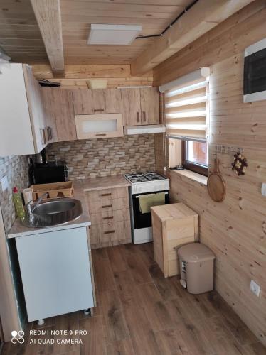 a small kitchen with a stove and a sink at Zlatni pogled in Zaovine
