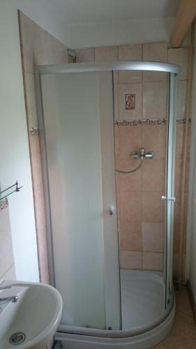 eine Dusche mit Glastür neben einem Waschbecken in der Unterkunft Willow Apartments in Limbaži