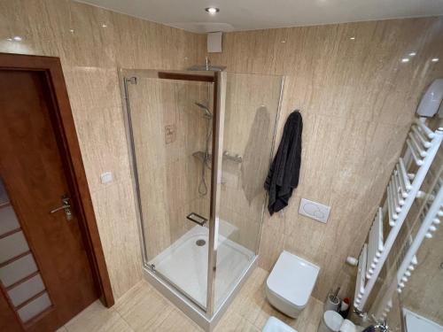 La salle de bains est pourvue d'une douche, de toilettes et d'un escalier. dans l'établissement Apartament Szmaragdowy, à Świnoujście