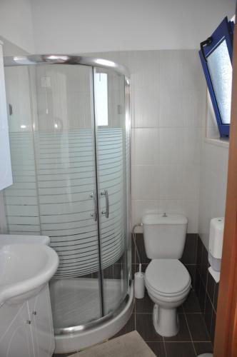 a bathroom with a shower and a toilet and a sink at Paralia guest house in Agia Roumeli