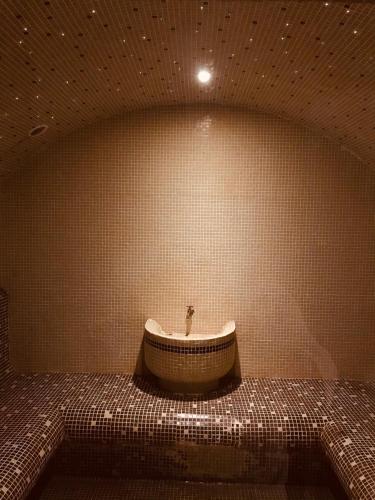 a bathroom with a tub in a tiled wall at Private Spa Luxury apartments in Bansko
