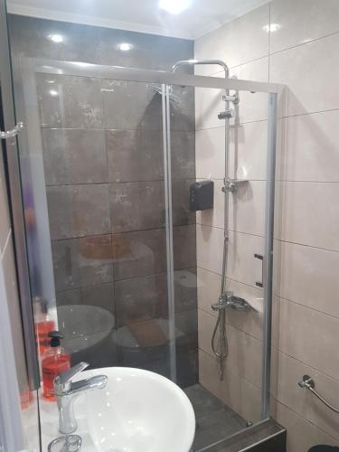 a shower with a glass door next to a sink at KORONI MARE APARTMENTS in Koroni