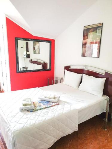 a bedroom with a white bed with a red wall at Hotel Asikot in Gevgelija