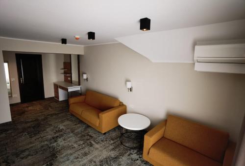 a room with a couch and a table and chairs at Pensiunea Palace in Baile Felix