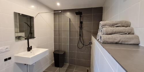 a white bathroom with a sink and a shower at La Belle Petite Ferme Rosiers de Julliac 19350 in Les Bos