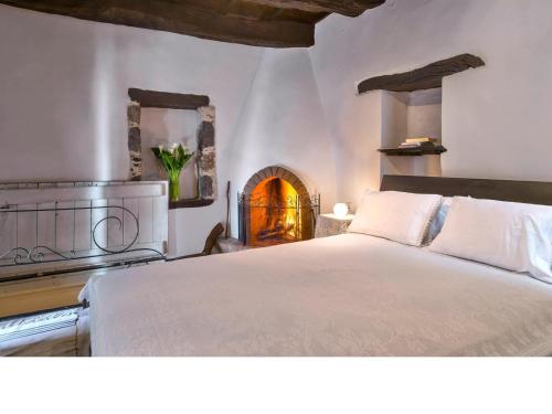 a bedroom with a bed and a fire place at Meronas Eco House in Méronas