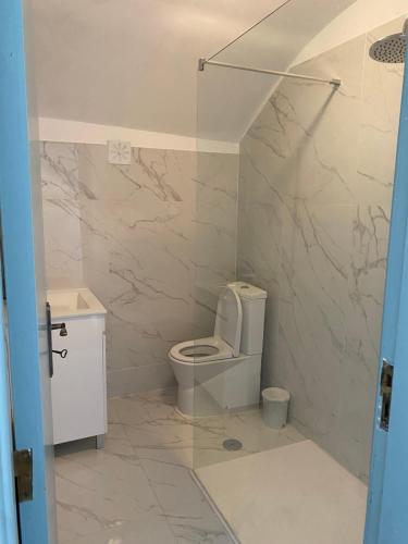 a bathroom with a toilet and a sink at Beach House Loft in Cortegaça