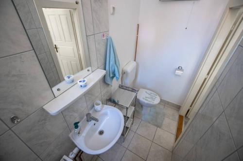 a bathroom with a sink and a toilet and a mirror at Apartman Gaudeamus in Varaždin