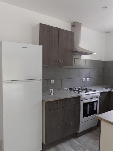 La cuisine est équipée de placards bruns et d'un réfrigérateur blanc. dans l'établissement Maison petit ion jean mi et flo, à Vendays-Montalivet