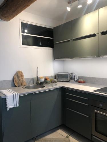 a kitchen with green cabinets and a sink at Superbe appartement en pierre fraîchement rénové in Bernis