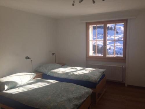 Duas camas num quarto com uma janela em Apartment Lucie by Interhome em Adelboden
