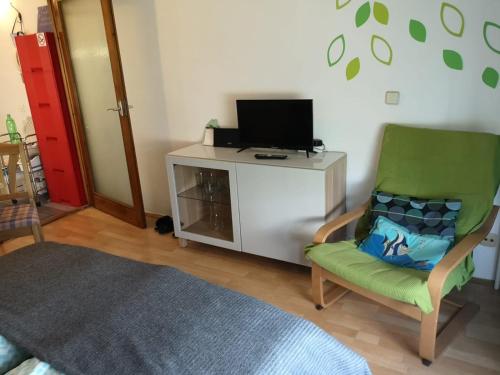 Apartman Myra في زغرب: غرفة معيشة بها كرسي أخضر وتلفزيون