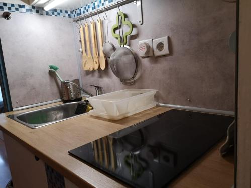 a kitchen with a sink and a counter top at Apartman Myra in Zagreb