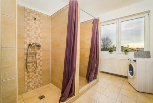 a bathroom with a shower and a washing machine at Galgavölgye munkásszálló in Aszód
