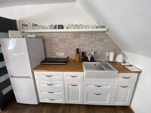 a kitchen with a white refrigerator and a sink at Ubytování U Synagogy Dobříš in Dobříš