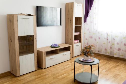 a room with wooden shelves and a table with a vase at Diana Sunshine Apartment in Tulcea