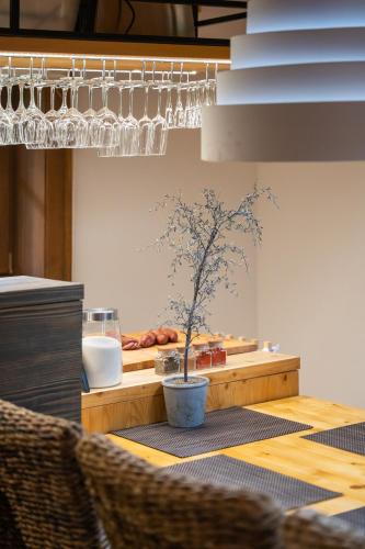 a table with a plant in a pot on a table at Wellness Drevenica Zuberec in Zuberec