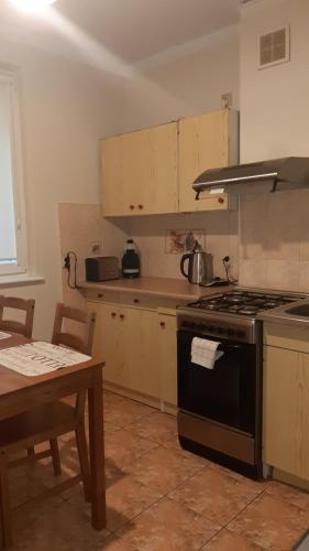 a kitchen with a stove and a table in it at Apartament Joanna in Świnoujście