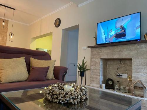 ein Wohnzimmer mit einem Sofa und einem TV über einem Kamin in der Unterkunft Apartman EVA in Bajina Bašta