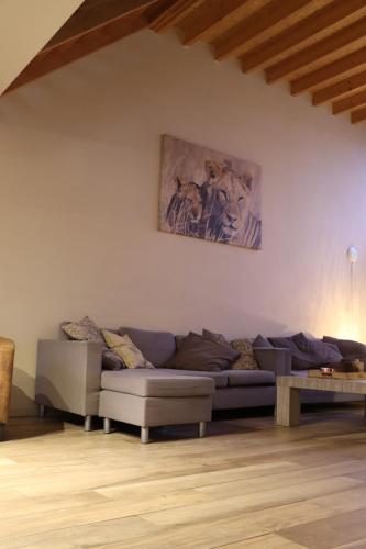 a living room with a couch and a painting on the wall at Vakantiehuis De Lounge in Bullange