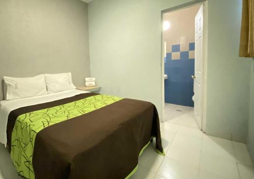 ein Schlafzimmer mit einem Bett mit einer grünen Decke in der Unterkunft HOTEL GRAN VIA CENTRAL in Mexiko-Stadt