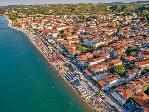 an aerial view of a town next to the water at Galini apartments Polyhrono in Kassandria
