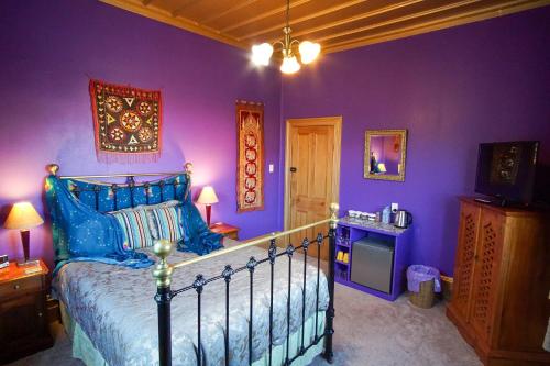 Schlafzimmer mit lila Wänden und einem Bett mit blauen Kissen in der Unterkunft Sea Breeze B & B in Napier