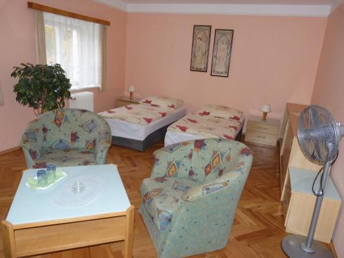 sala de estar con 2 camas, mesa y sillas en Dexter, en Teplice