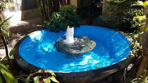 a pool with a blue and white fountain in it at Hotel Villa Tournon in San José