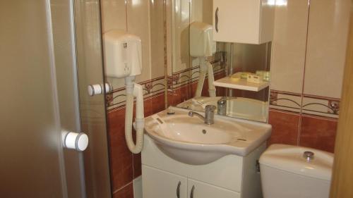 uma casa de banho com um lavatório e um WC em Hotel Palace em Târgu Jiu