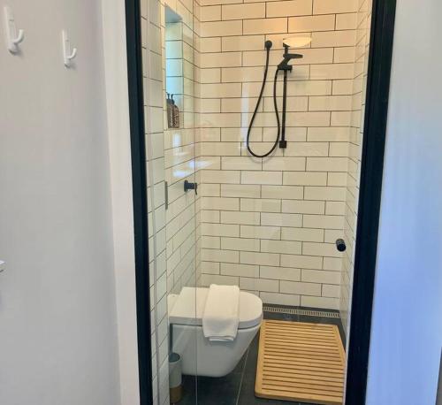 a bathroom with a shower with a toilet and a sink at Stylish Private Studio, Close to Beach, WIFI, Parking in Melbourne