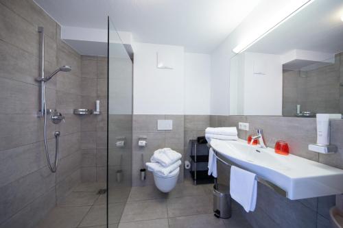 een badkamer met een douche, een wastafel en een toilet bij Schmiedhof Alm in Zell am See