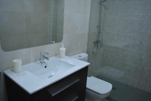 a bathroom with a sink and a toilet and a shower at Apartamento Cala LLevadó 2 in Tossa de Mar