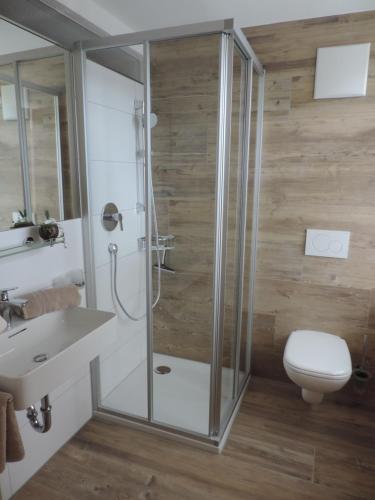 a bathroom with a shower and a sink and a toilet at Pension Burgschroffen in Fendels