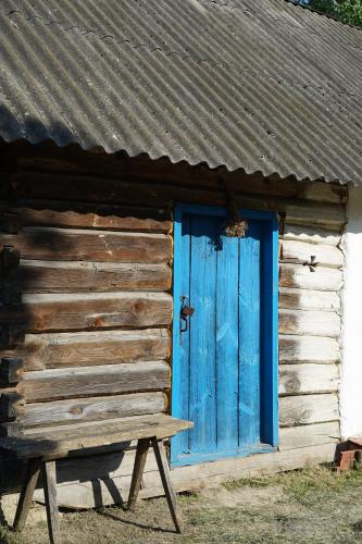 a blue door on the side of a log cabin at Бабусина хатка in Leplyavo
