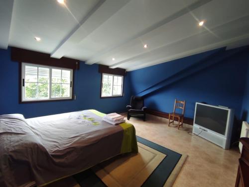 a bedroom with blue walls and a bed and a tv at CASA DE MELCHOR in Cruces