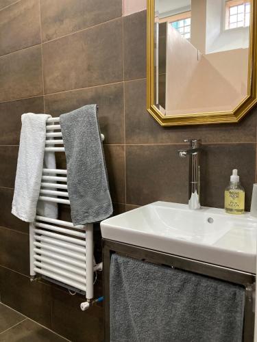 une salle de bain avec un lavabo, un miroir et des serviettes dans l'établissement VALS-LES-BAINS Source Sirène, à Vals-les-Bains