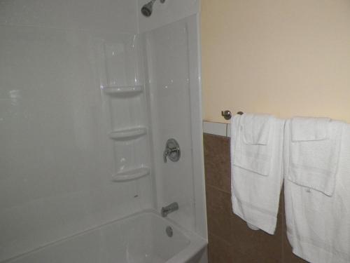 a bathroom with a shower with white towels at Sunparlor Motel in Leamington