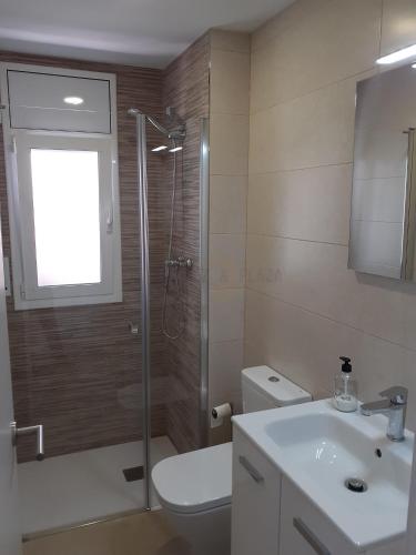 a bathroom with a shower and a toilet and a sink at Apartamentos Dins Mar Apto. 3 in Torredembarra