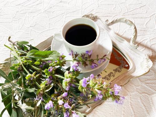 a cup of coffee next to a bouquet of flowers at Archontika Karamarlis in Makrinítsa