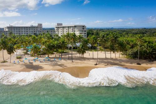 an aerial view of a beach with palm trees and buildings at Hyatt Vacation Club at Hacienda del Mar in Dorado