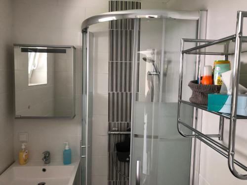 uma casa de banho com um chuveiro, um lavatório e um espelho. em myurlaub(.)at em Finkenstein