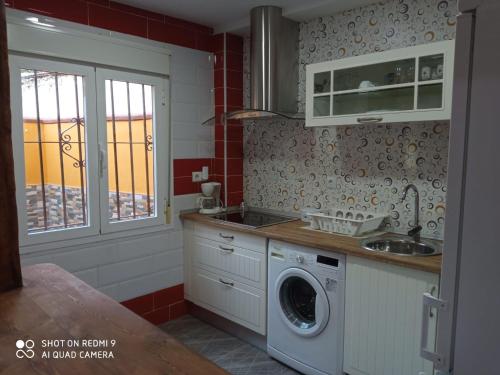 a kitchen with a sink and a washing machine at Casa La Maravilla in Jerez de la Frontera