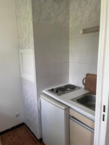 a small kitchen with a stove and a sink at Appartement 35 m2 Créteil l Echat in Créteil