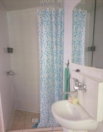 a bathroom with a sink and a shower curtain at Ubytovanie Harmony House in Veľký Meder