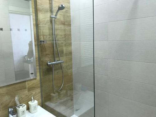 a shower with a glass door in a bathroom at Lustforlive in Odesa