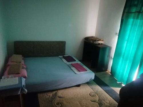 ein Schlafzimmer mit einem Bett und einem grünen Vorhang in der Unterkunft Vila Anđelija in Velika Kladuša