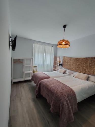 a bedroom with two beds and a chandelier at Casa Luis in Arzúa